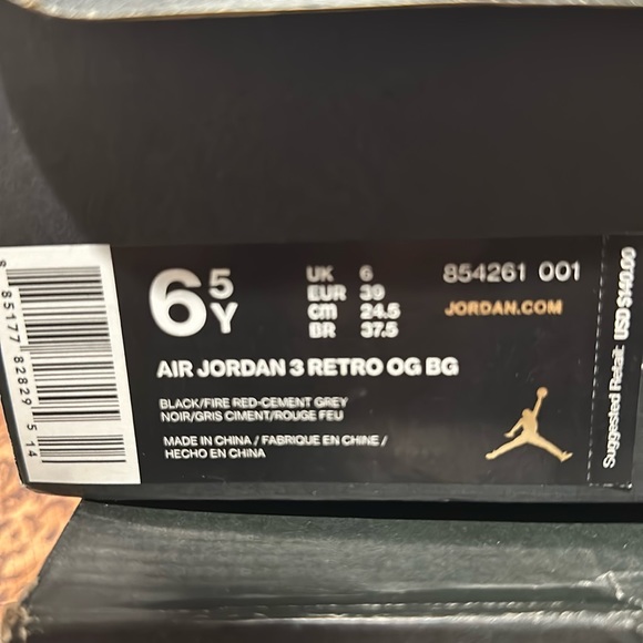 COPY - Air Jordan Retro 3 OG BG “ Black Cements “ size 6.5Y - Picture 2 of 11